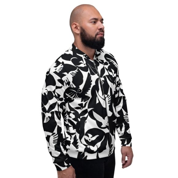 Pigeons in White and Black Pattern Unisex Bomber Jackets. - Picture 2 of 12